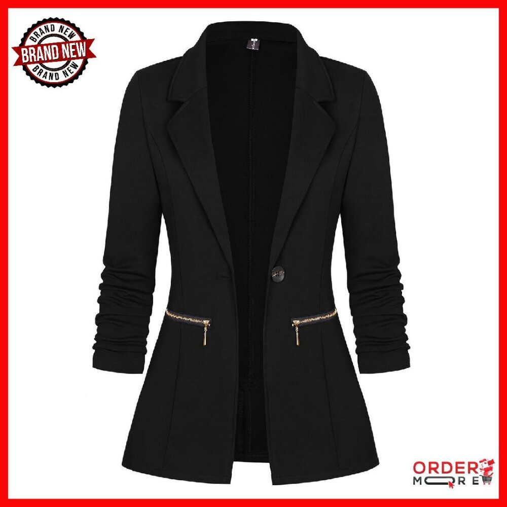 Long Sleeve Blazer Cardigan Jacket with Zipper Pockets, Stretchy Polyester